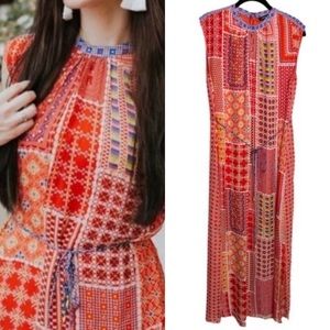 Anthropologie Sol Red Beaded Patchwork Maxi Dress M